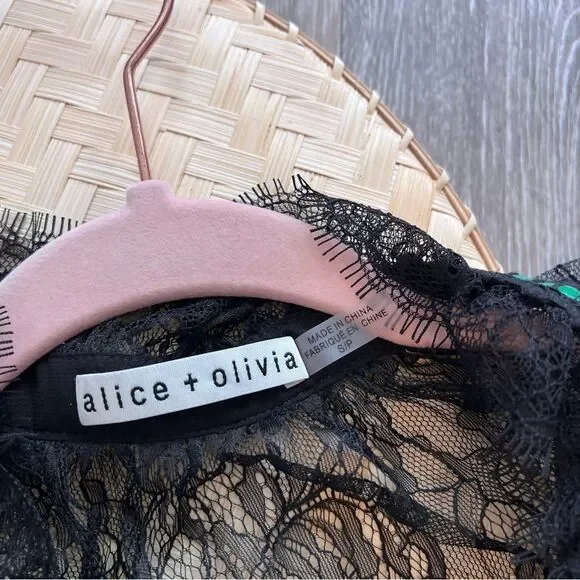 Alice + Olivia Clarice illusion yoke Floral Blouse green silk women’s S‎